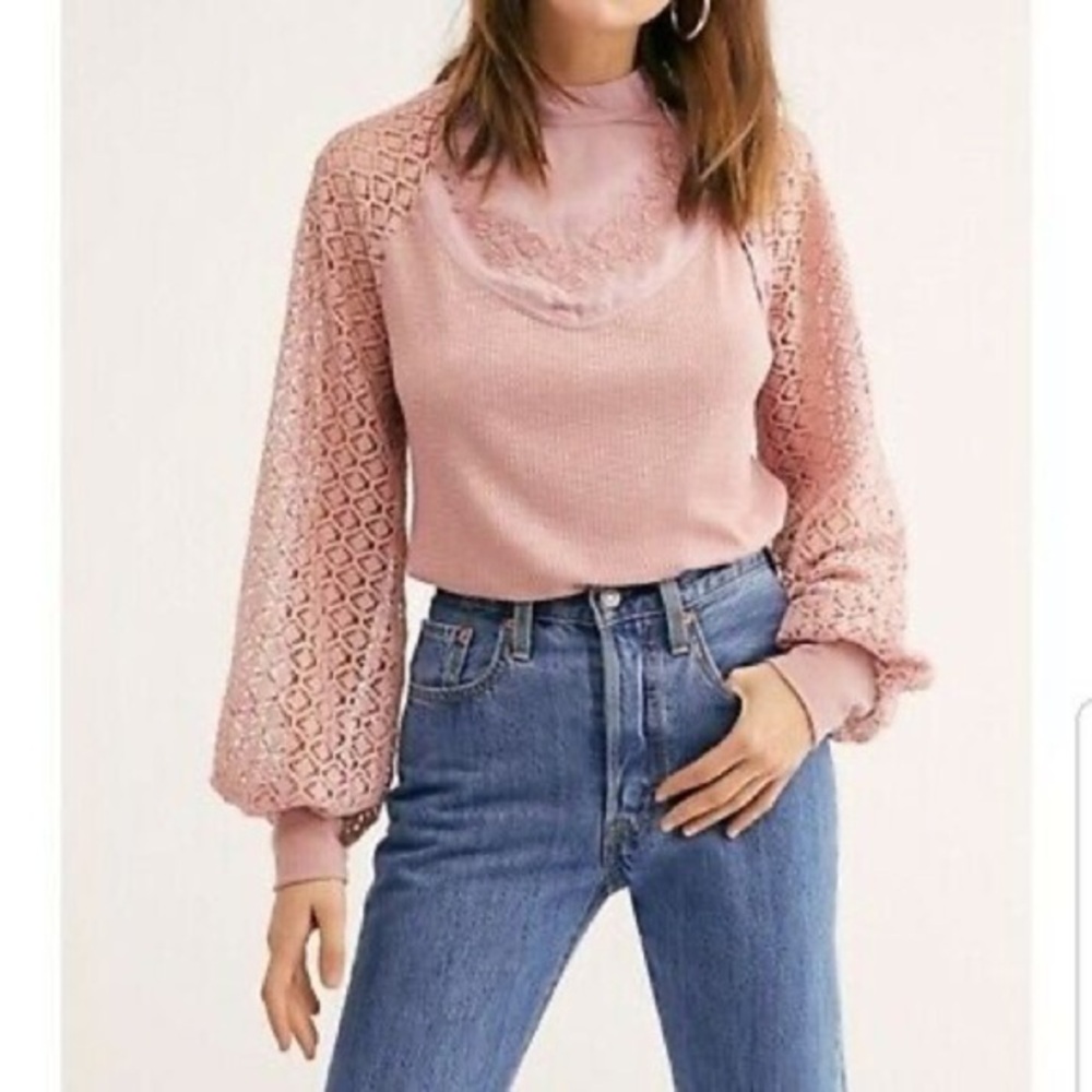 Free People Sweetest Thing Balloon Sleeve Thermal Rose‎ Top